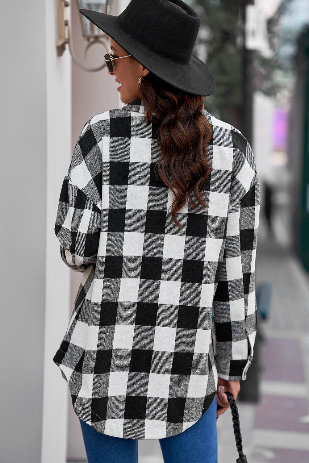 Plaid Curved Hem Dropped Shoulder Longline Shirt Shacket