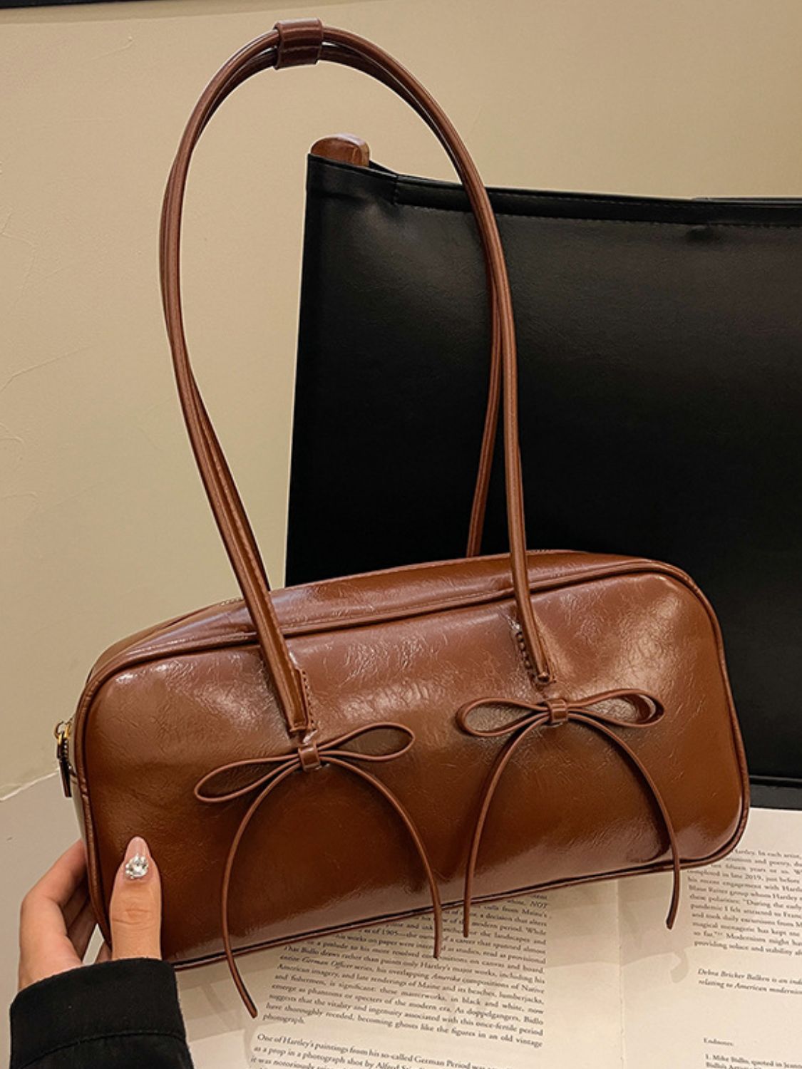 Leather Bow Trim Shoulder Bag