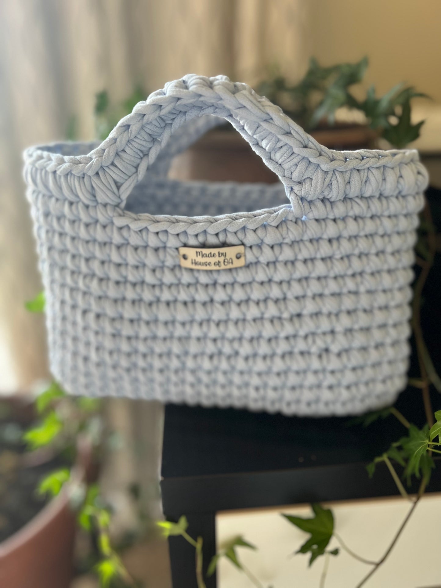 Blue handmade crochet tote clutch bag with bow strap detail