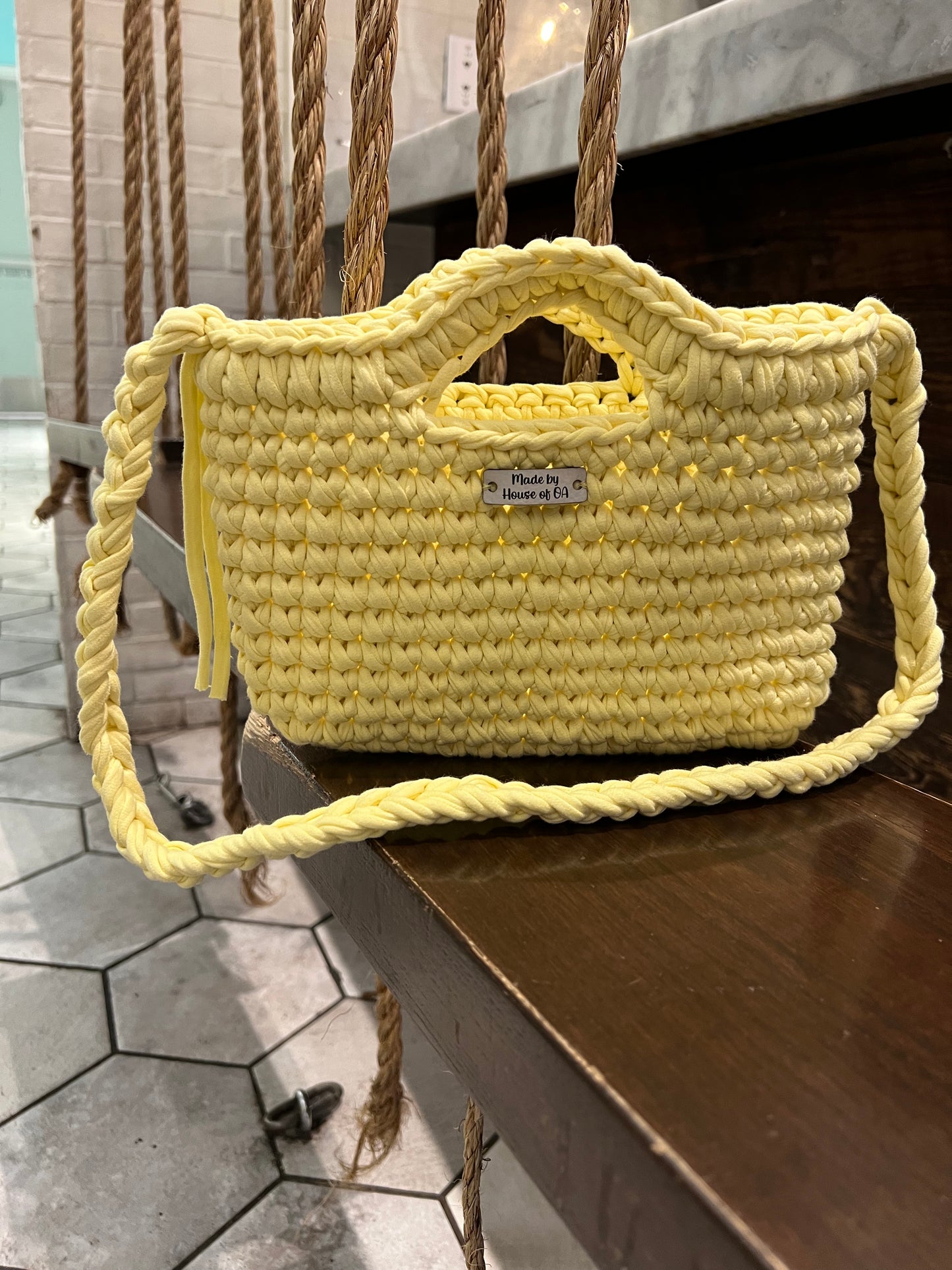 Yellow Handmade Crochet Bag with Shoulder Strap