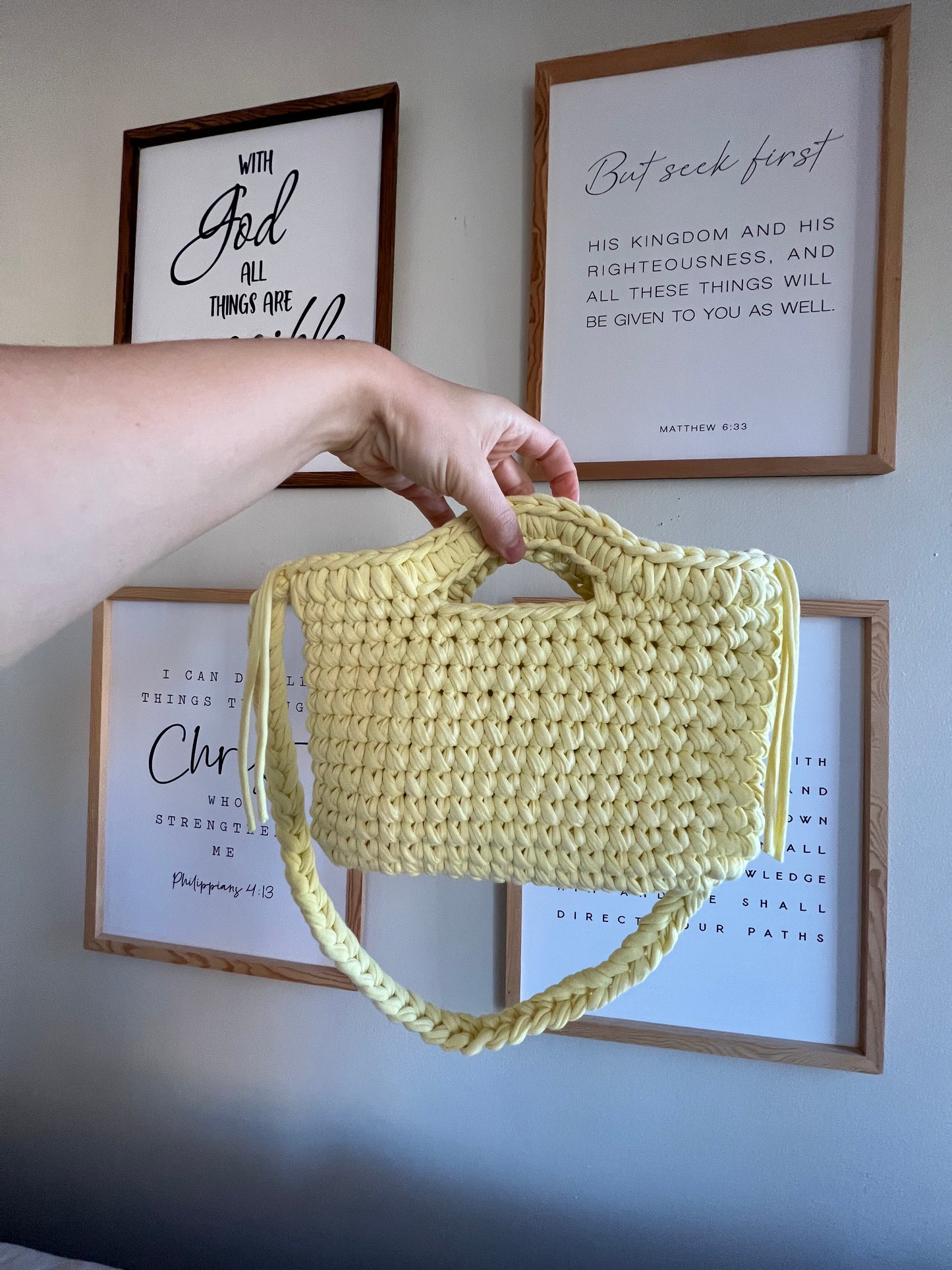 Yellow Handmade Crochet Bag with Shoulder Strap