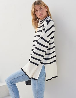 Turtleneck Long Sleeve Striped Side Slit Loose Pullover Sweater