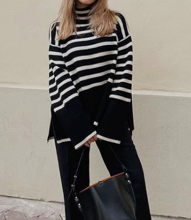 Turtleneck Long Sleeve Striped Side Slit Loose Pullover Sweater