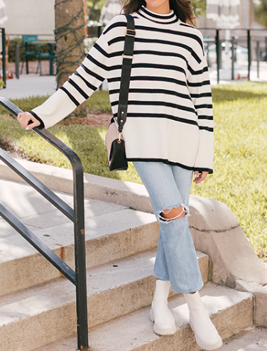 Turtleneck Long Sleeve Striped Side Slit Loose Pullover Sweater