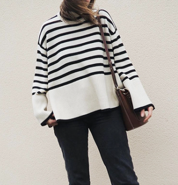 Turtleneck Long Sleeve Striped Side Slit Loose Pullover Sweater