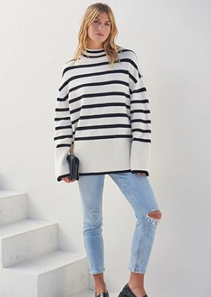 Turtleneck Long Sleeve Striped Side Slit Loose Pullover Sweater