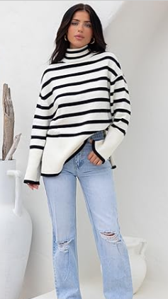 Turtleneck Long Sleeve Striped Side Slit Loose Pullover Sweater