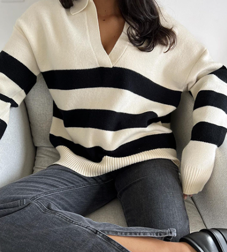 Lapel V Neck Long Sleeve Striped Chunky Knit Oversized Pullover Sweater