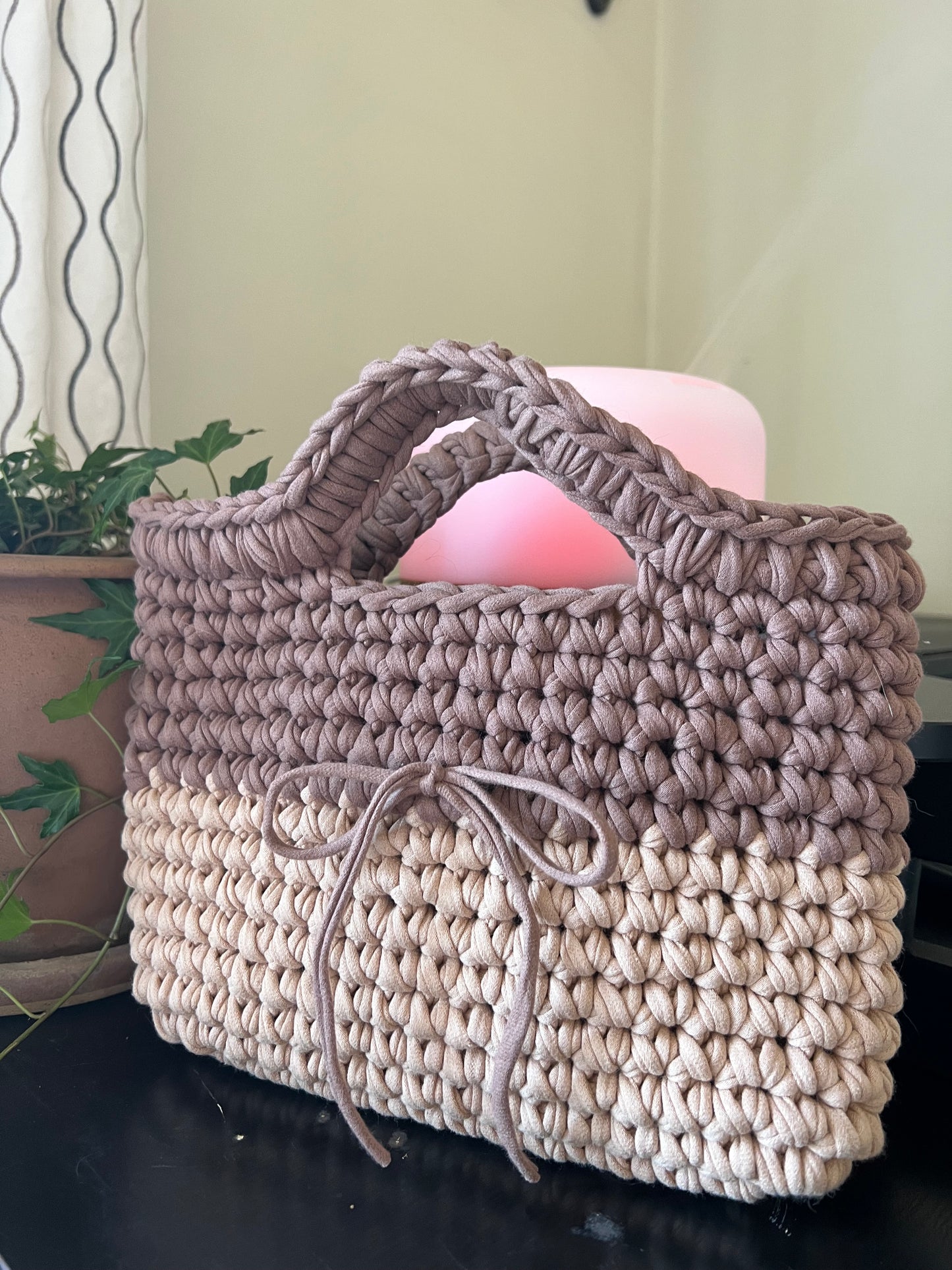 Tan and cream handmade crochet tote clutch bag with bow strap detail