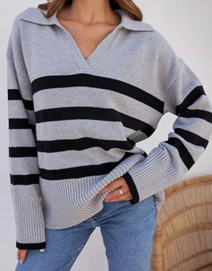 Lapel V Neck Long Sleeve Striped Chunky Knit Oversized Pullover Sweater