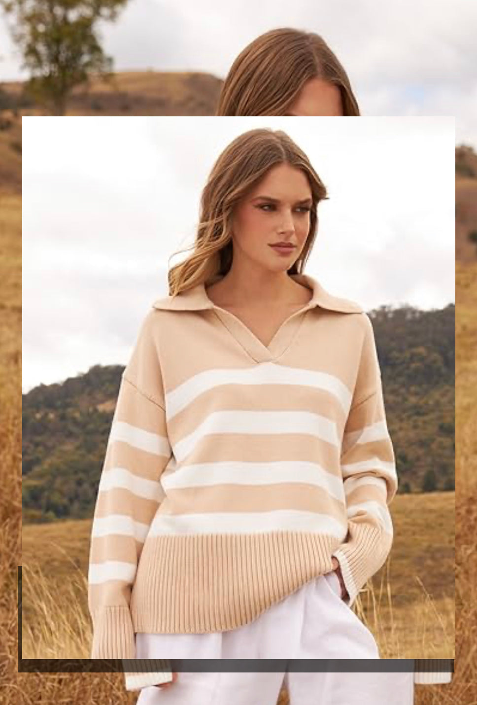 Lapel V Neck Long Sleeve Striped Chunky Knit Oversized Pullover Sweater