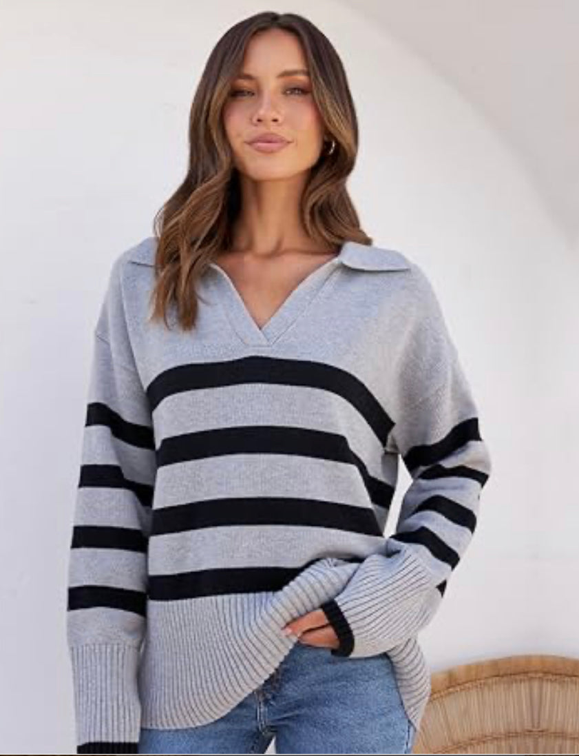 Lapel V Neck Long Sleeve Striped Chunky Knit Oversized Pullover Sweater