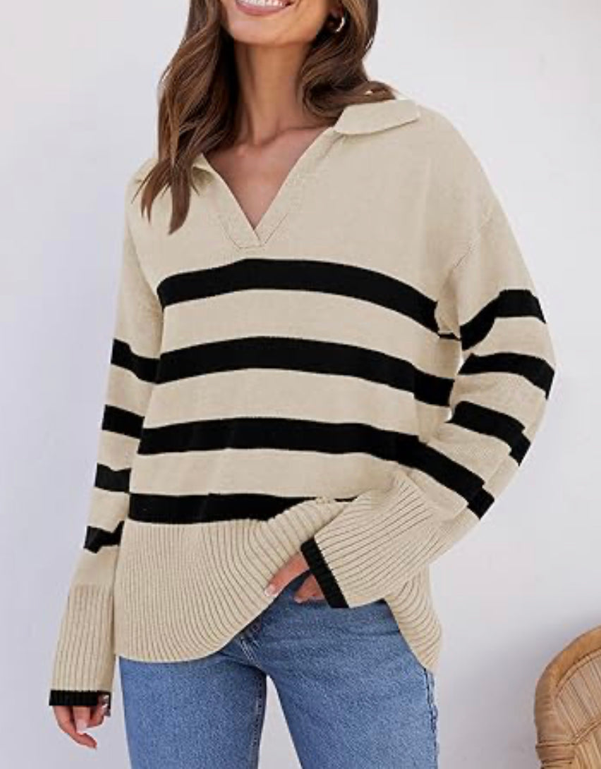 Lapel V Neck Long Sleeve Striped Chunky Knit Oversized Pullover Sweater