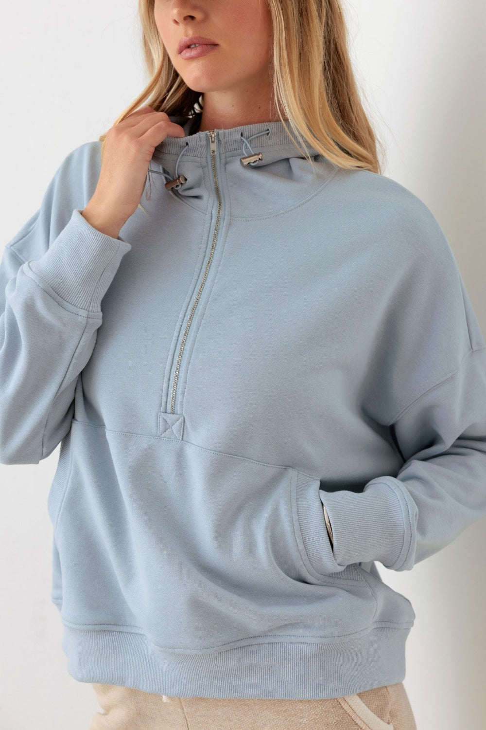 Half Zip Drawstring Mock Neck Sweatshirt Hoodie