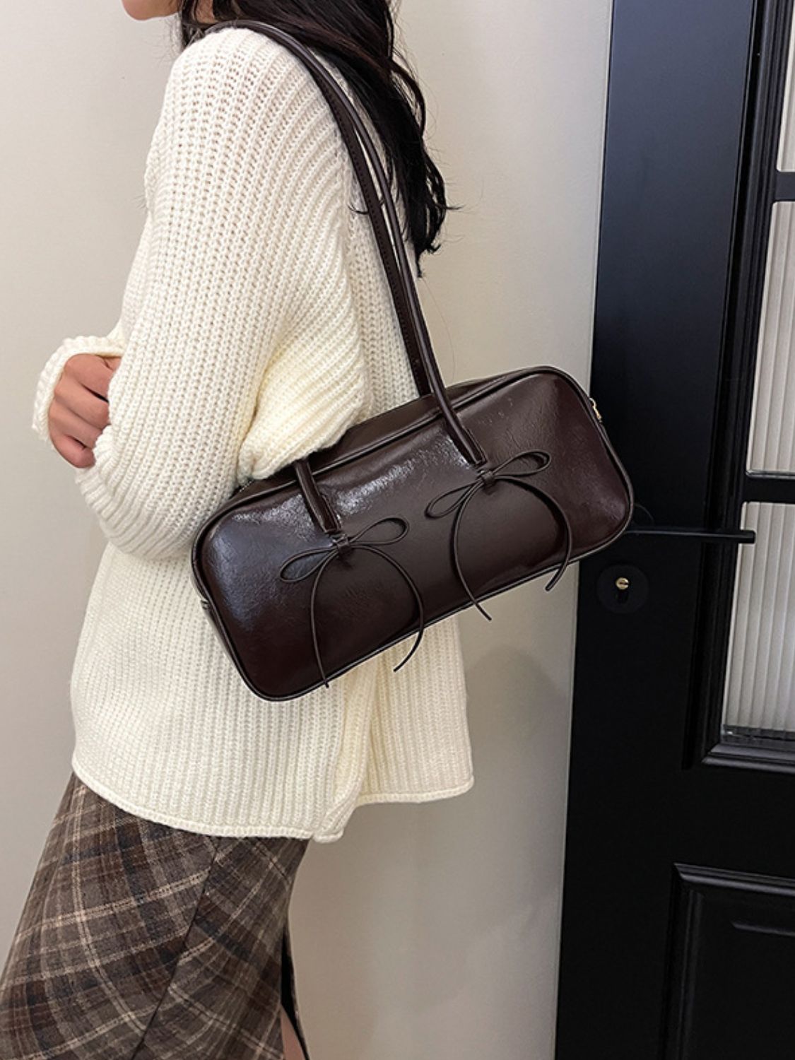 Leather Bow Trim Shoulder Bag