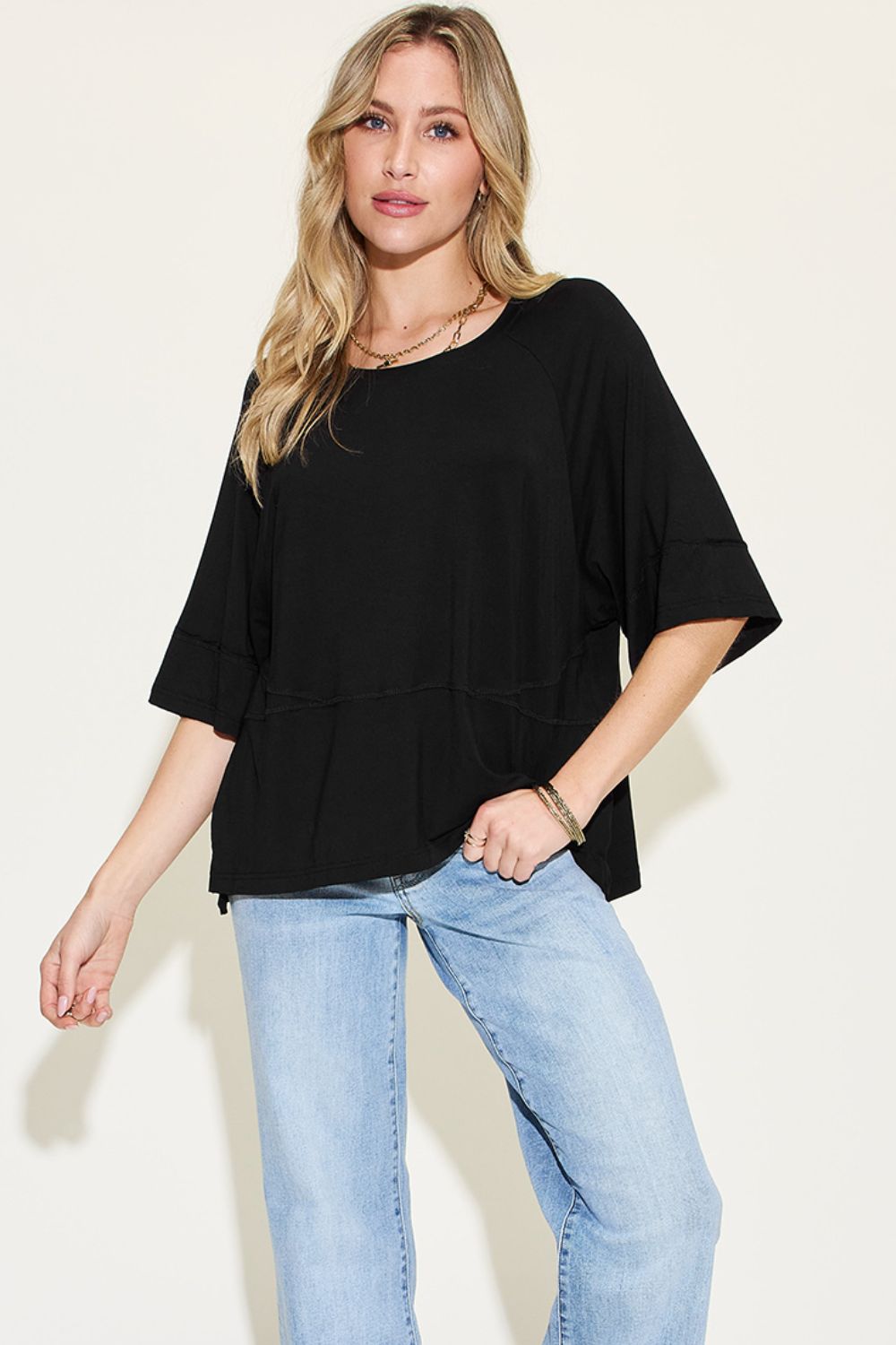 Full Size Bamboo Round Neck Exposed Seam T-Shirt