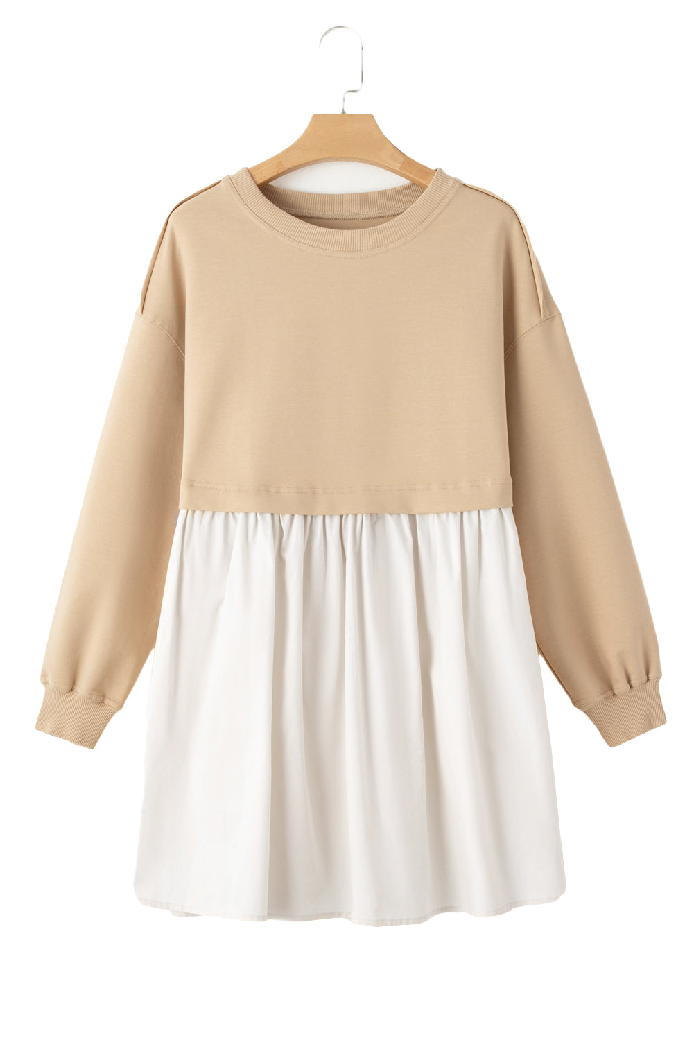 Pale Khaki Sweatshirt Poplin Mini Long Sleeve Dress