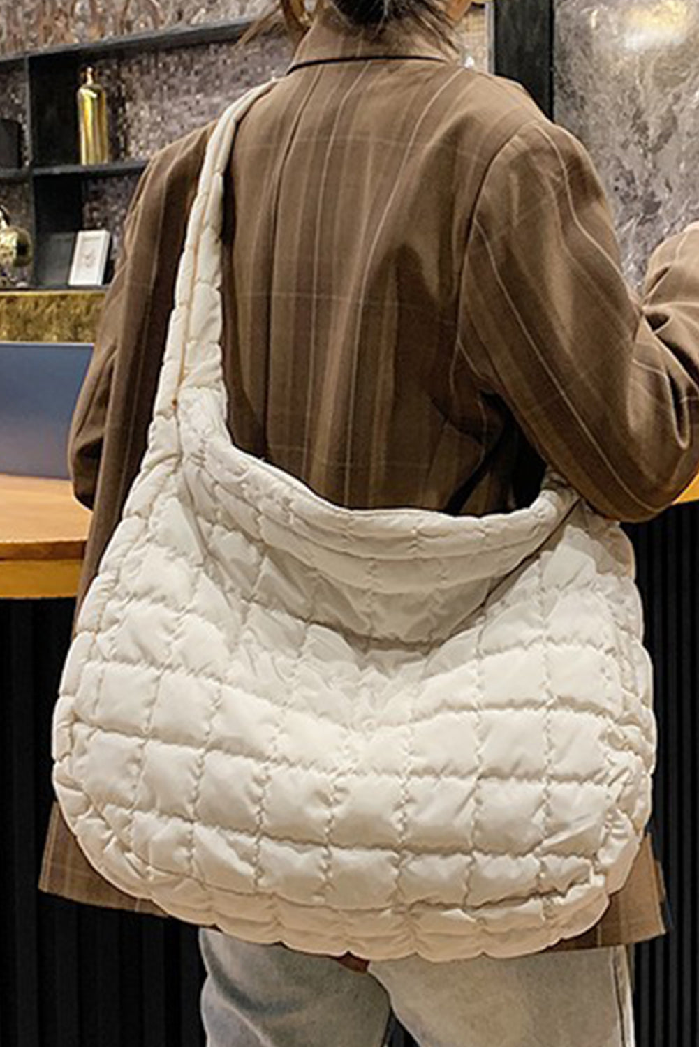 White Quilted Zipper Large Shoulder Bag