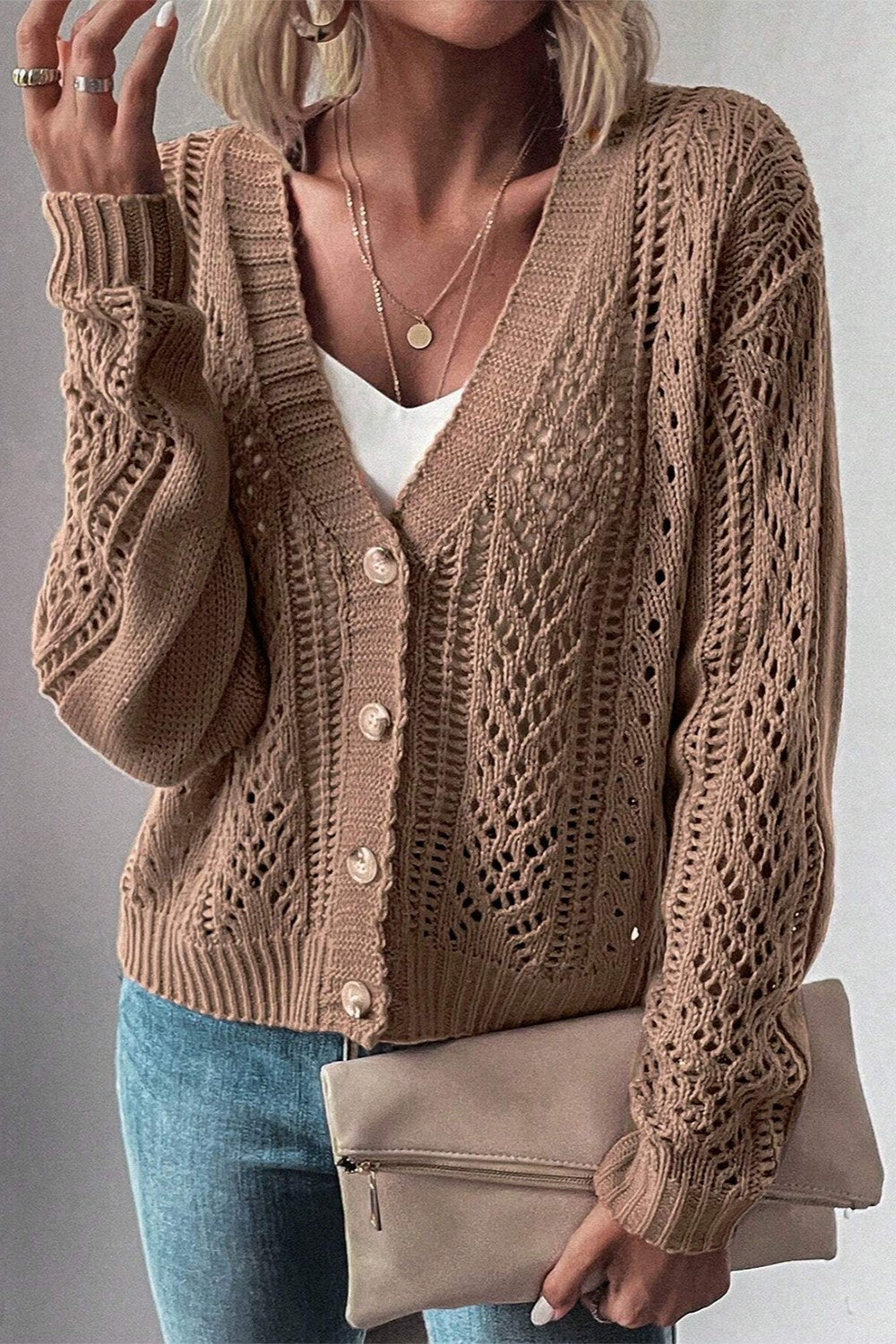 Openwork Button Up Long Sleeve Cardigan Sweater