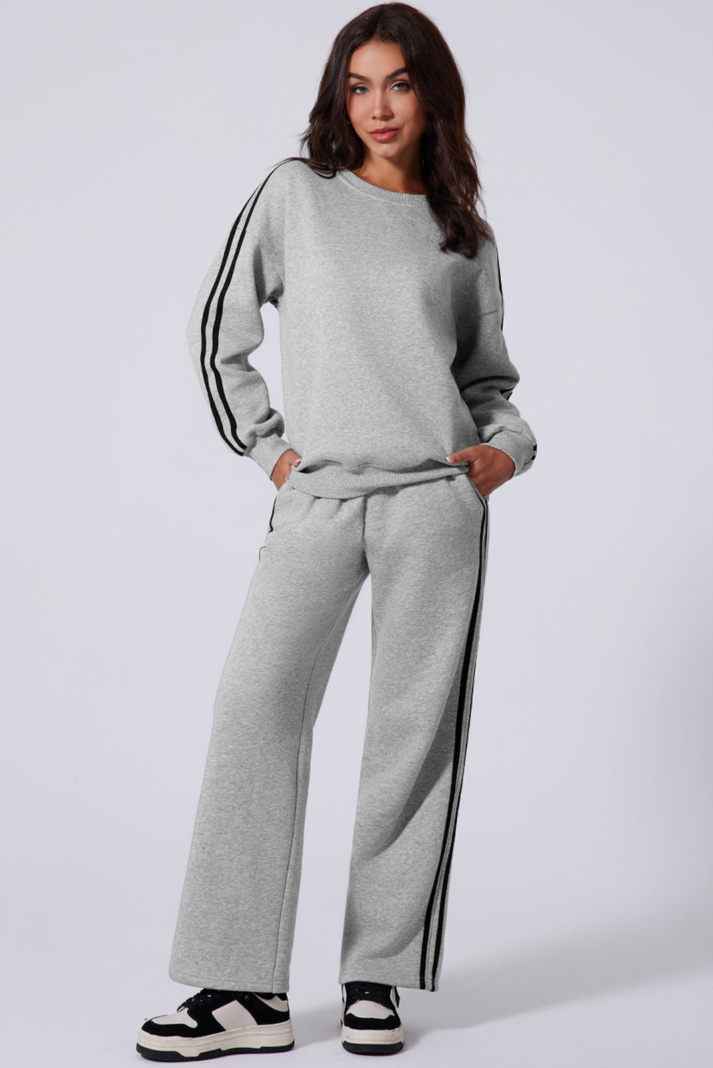 Light Grey Solid Color Side Striped Sweatshirt Active Sweatshirt Set