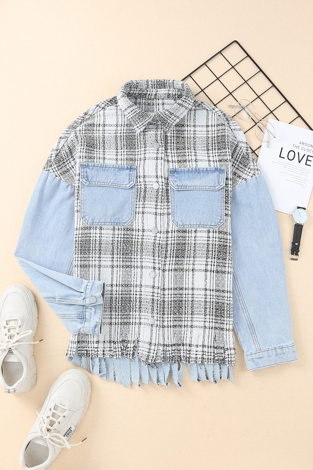 Plaid Pocketed Snap Down Denim Shacket