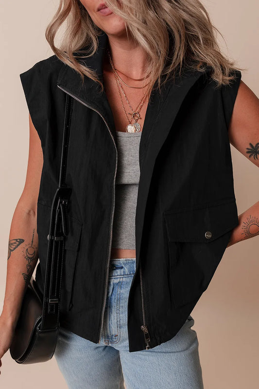 Pocketed Zip Up Vest Shacket