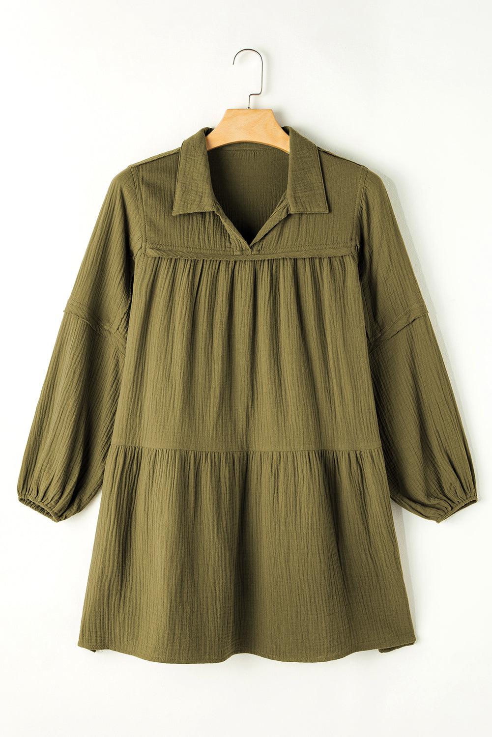 Green Frayed Trim Split Neck Puff Sleeve Flared Long Sleeve Dress