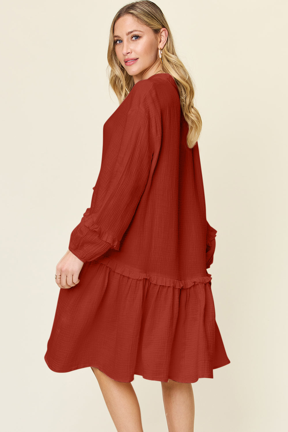 Double Take Full Size Texture Half Button Ruffle Trim Long Sleeve Dress