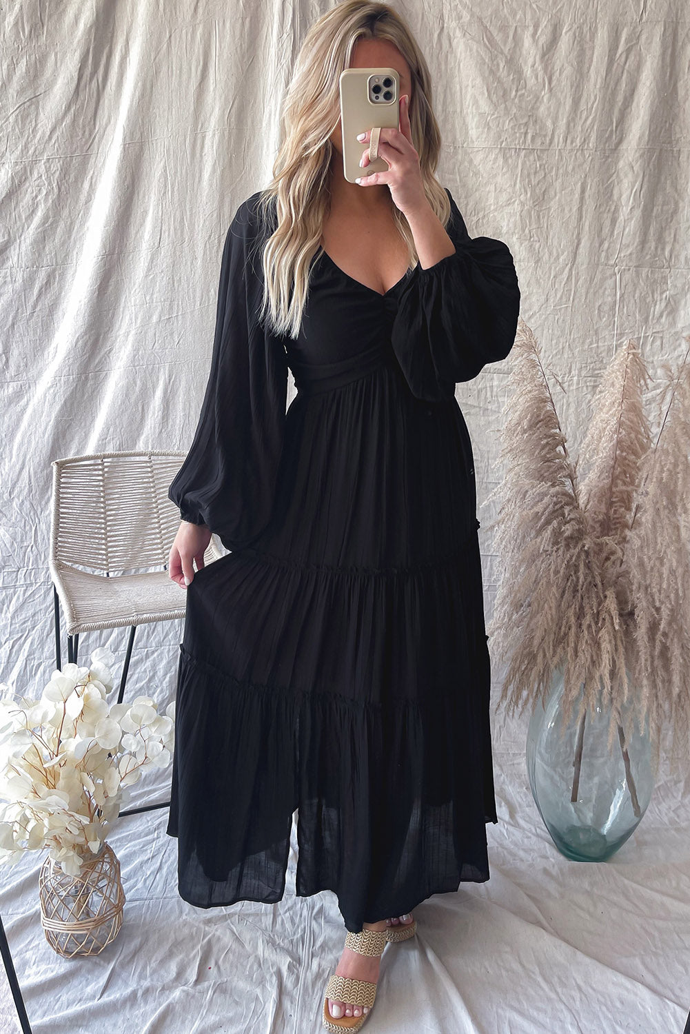 Black V Neck Bowknot Cutout Frill Tiered Maxi Long Sleeve Dress