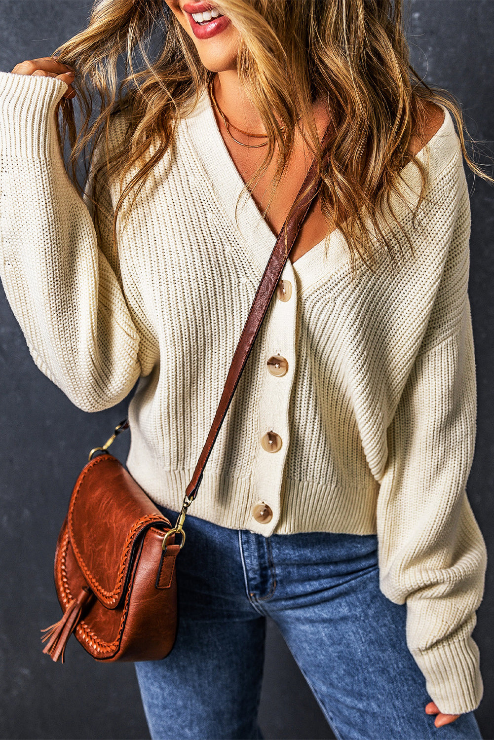 Beige Plain Knitted Buttoned V Neck Sweater Cardigan