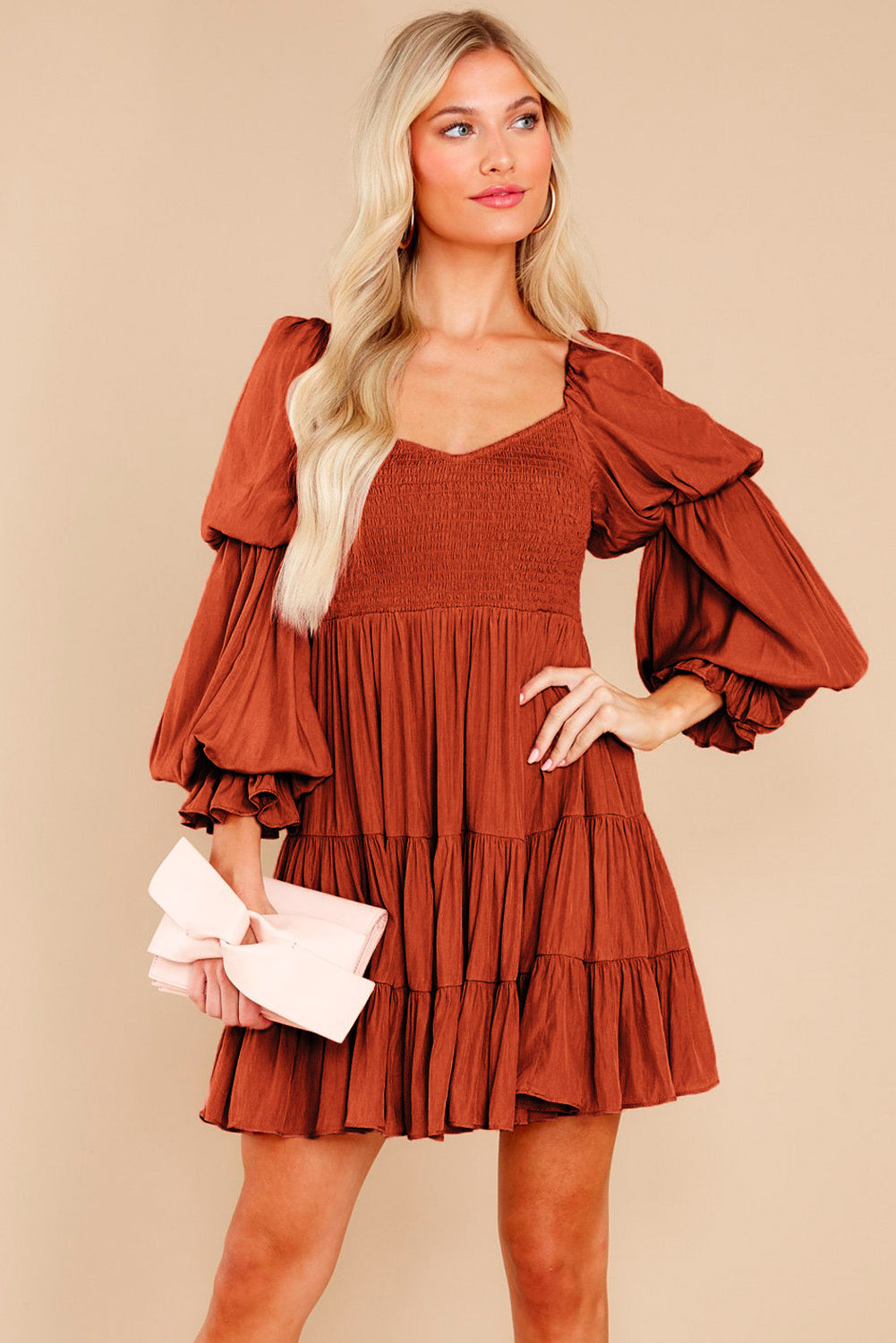 Brown Long Sleeve Off Shoulder Ruffle Mini Dress