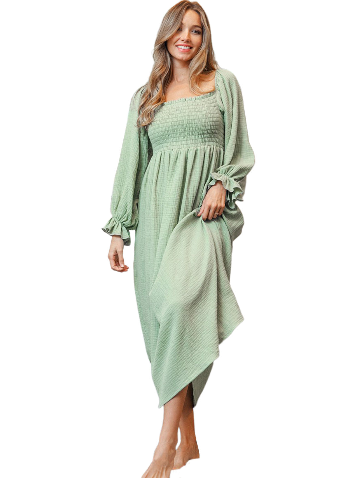 Green Smoked Flounce Long Sleeve Textured Empire Waist Maxi Dress