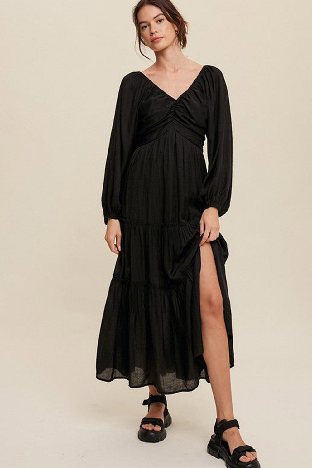 Black V Neck Bowknot Cutout Frill Tiered Maxi Long Sleeve Dress