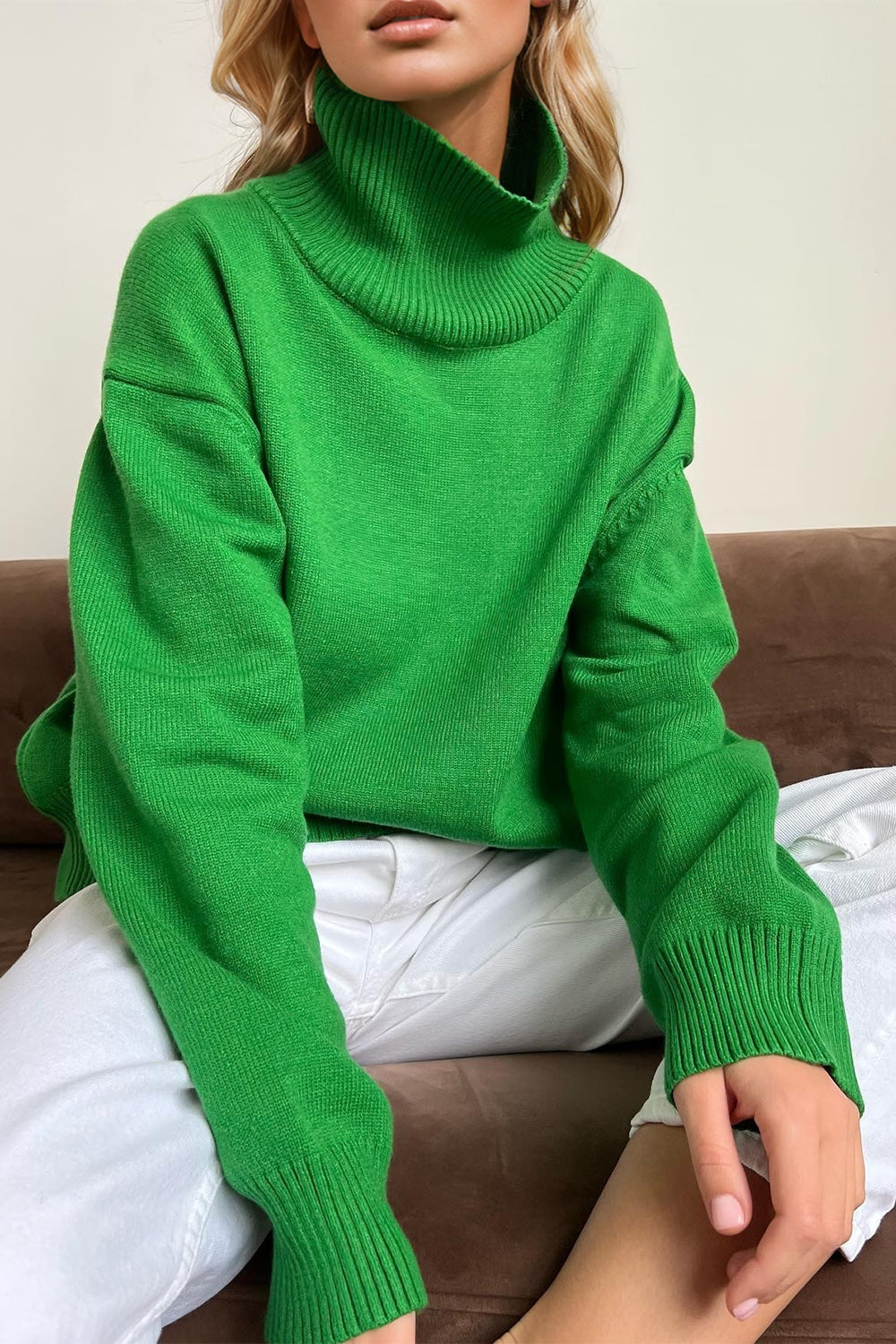 Turtleneck Dropped Shoulder Long Sleeve Sweater ONE SIZE