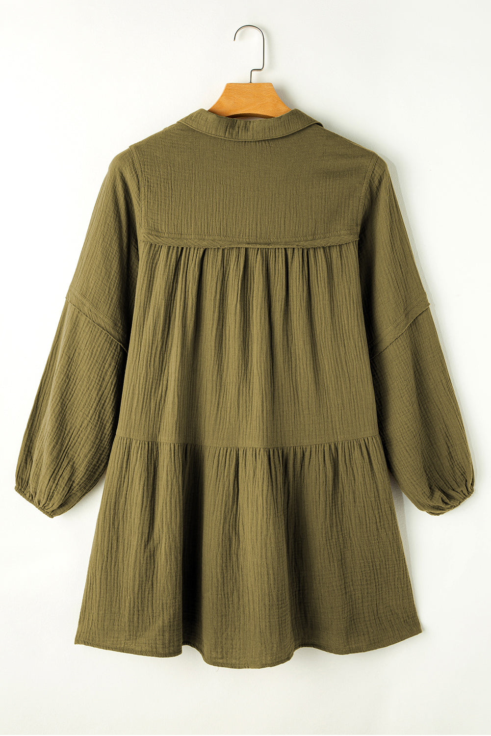 Green Frayed Trim Split Neck Puff Sleeve Flared Long Sleeve Dress