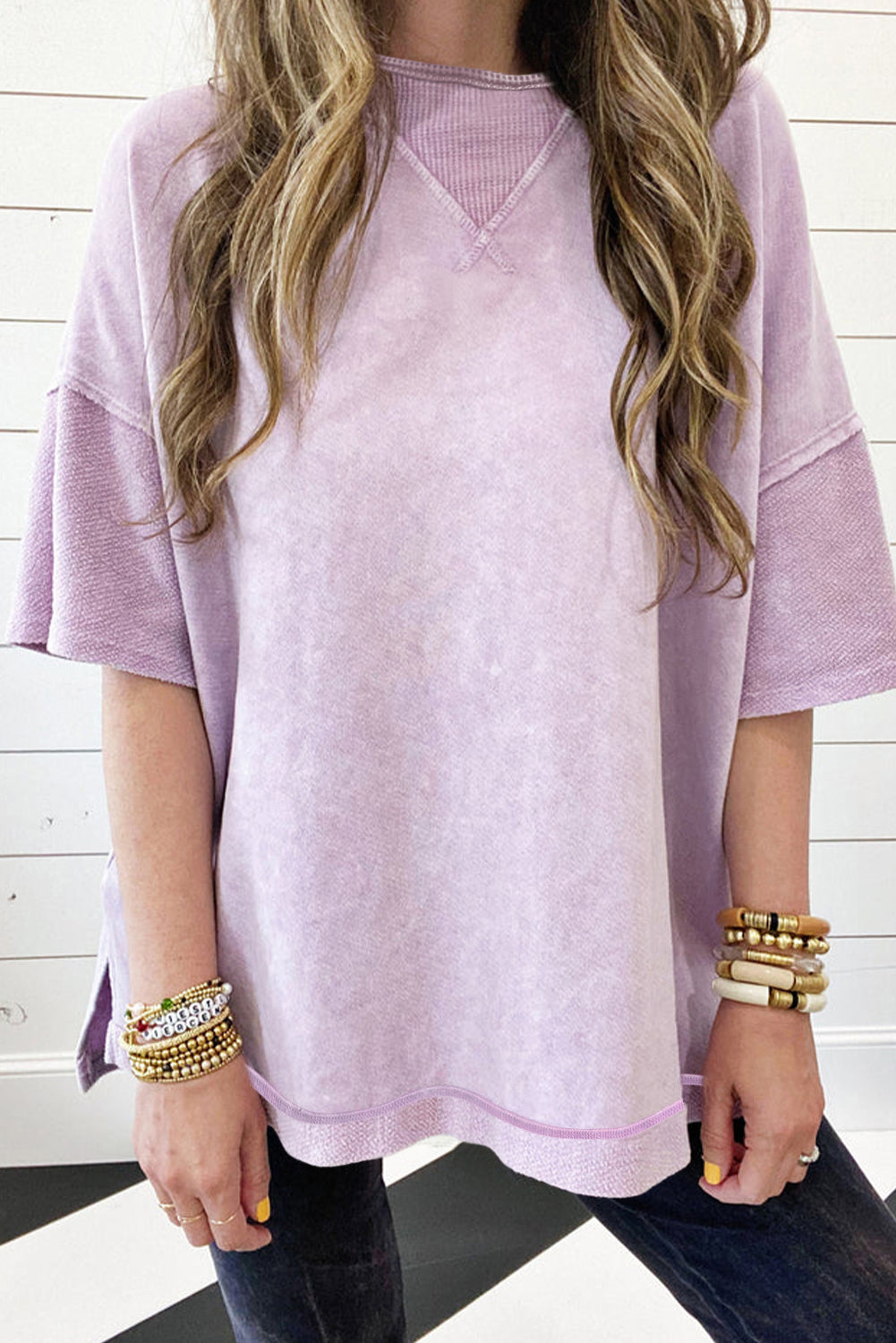 Orchid Petal Mineral Wash Exposed Seam Drop Shoulder Oversized Tee