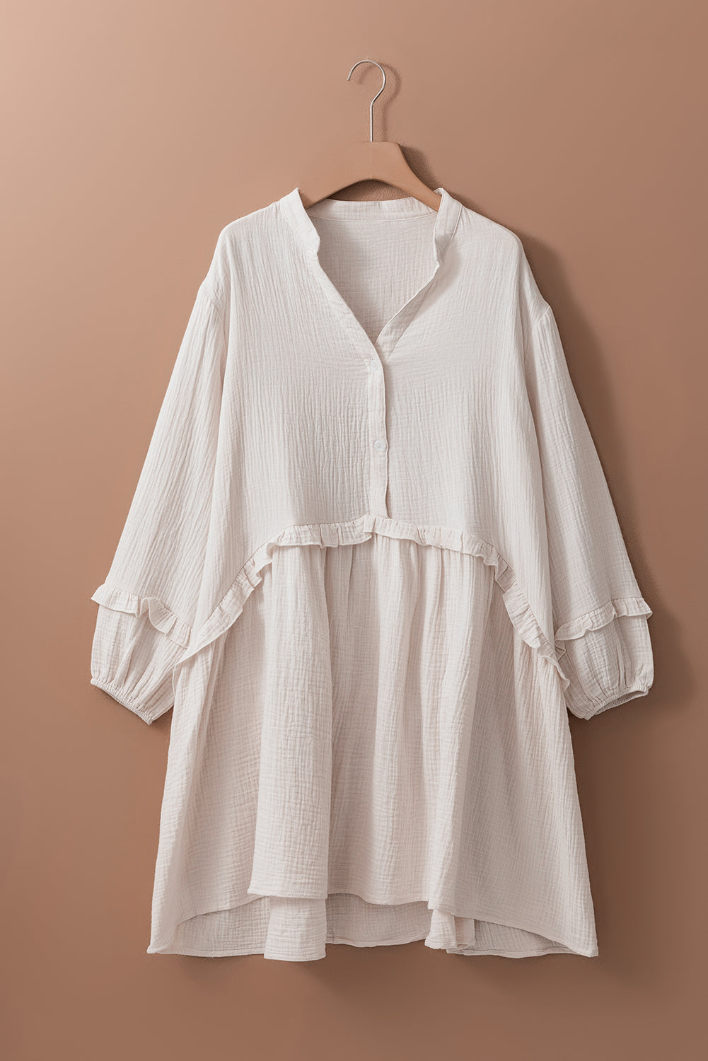 Apricot Frill Trim Half Buttoned Textured Long Sleeve Dress