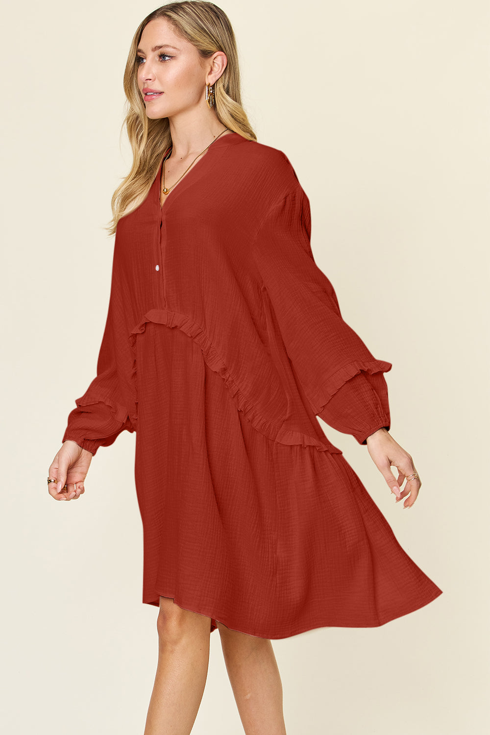 Double Take Full Size Texture Half Button Ruffle Trim Long Sleeve Dress