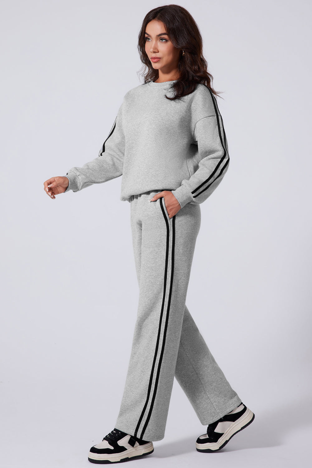 Light Grey Solid Color Side Striped Sweatshirt Active Sweatshirt Set