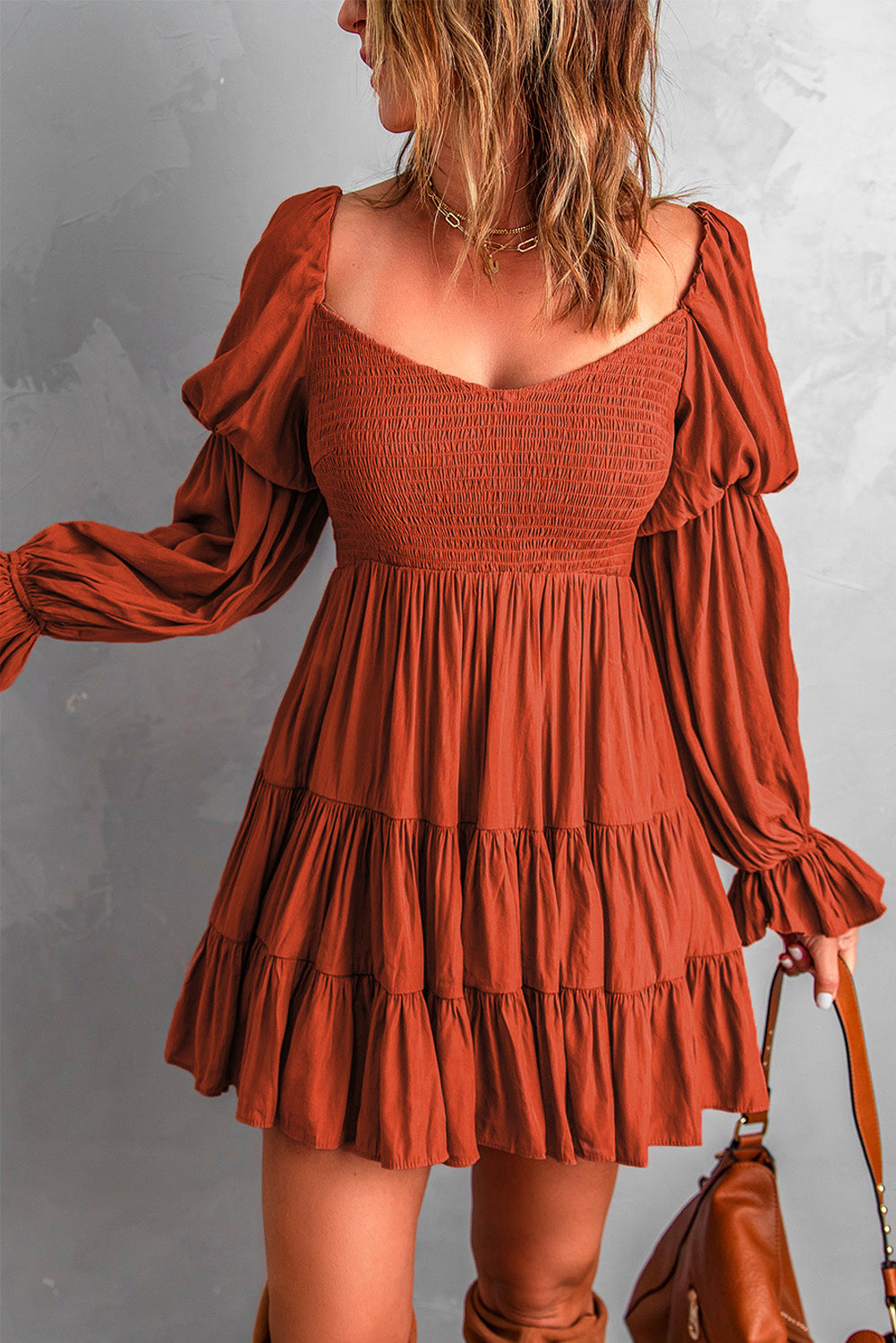 Brown Long Sleeve Off Shoulder Ruffle Mini Dress