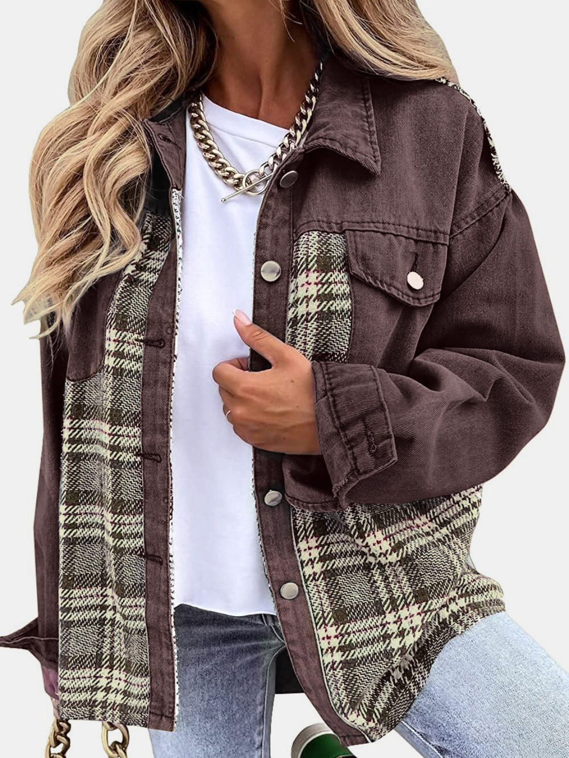 Plaid Button Up Dropped Shoulder Shacket