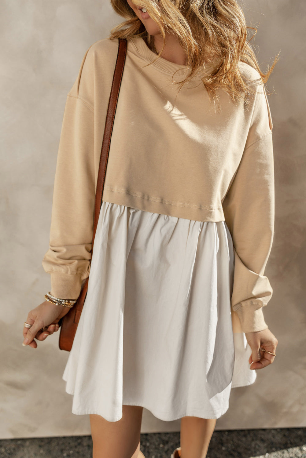 Pale Khaki Sweatshirt Poplin Mini Long Sleeve Dress