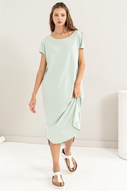 Short Sleeve High-Low Slit Midi Dress