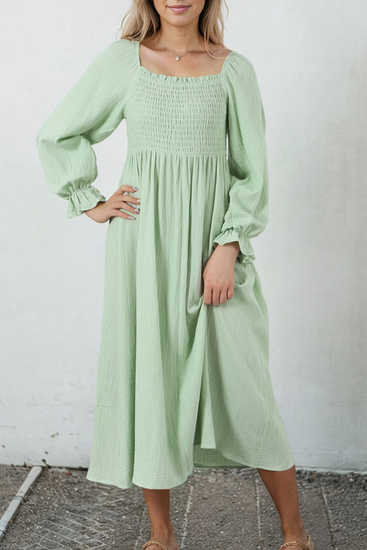 Green Smoked Flounce Long Sleeve Textured Empire Waist Maxi Dress