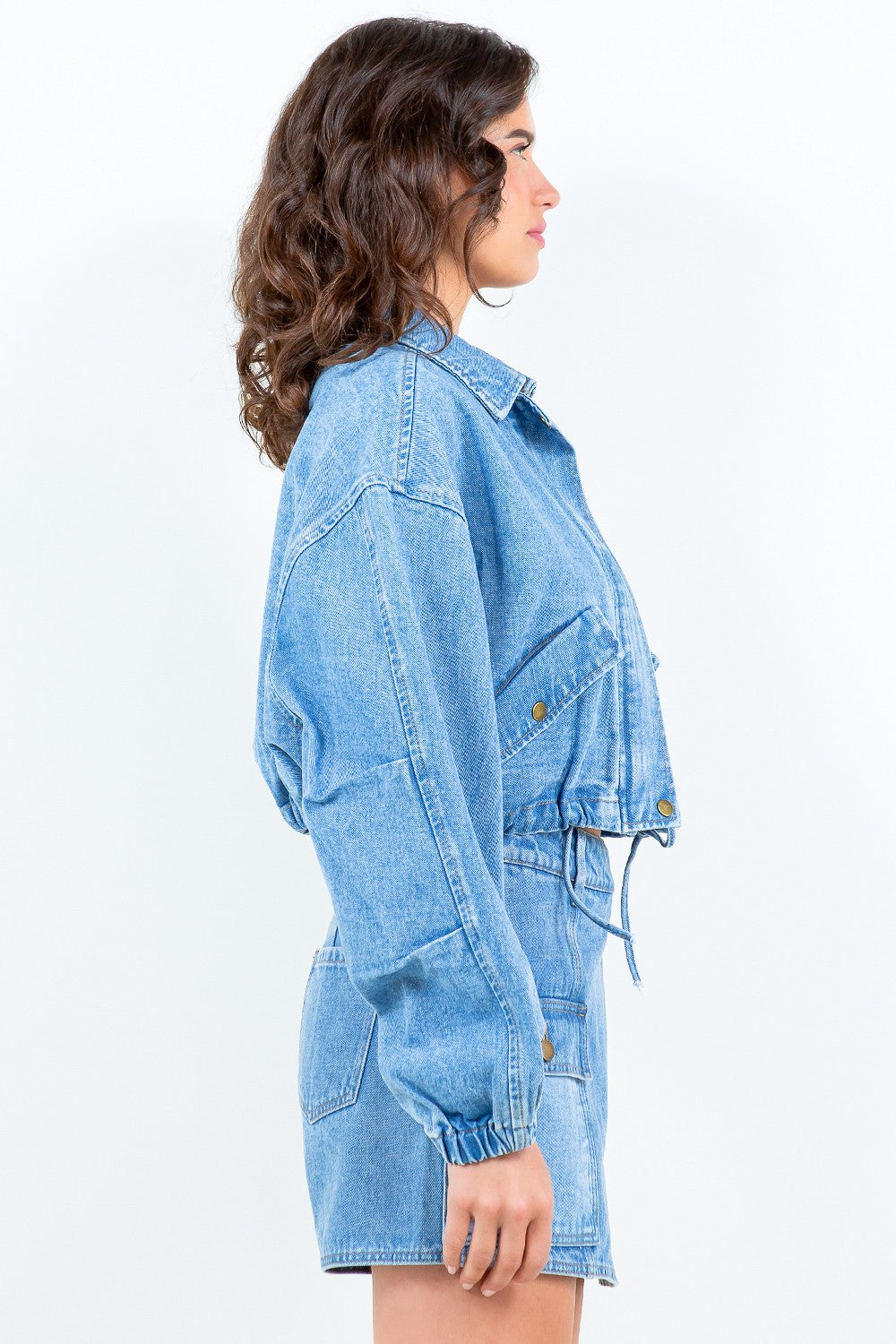 Drawstring Waist Crop Denim Jacket