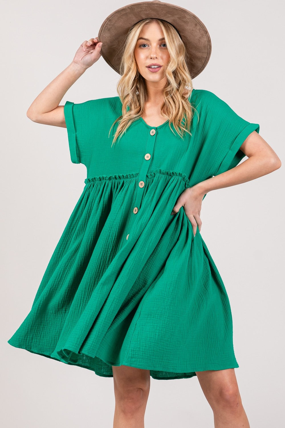 Cotton Button Up Short Sleeve Mini Dress