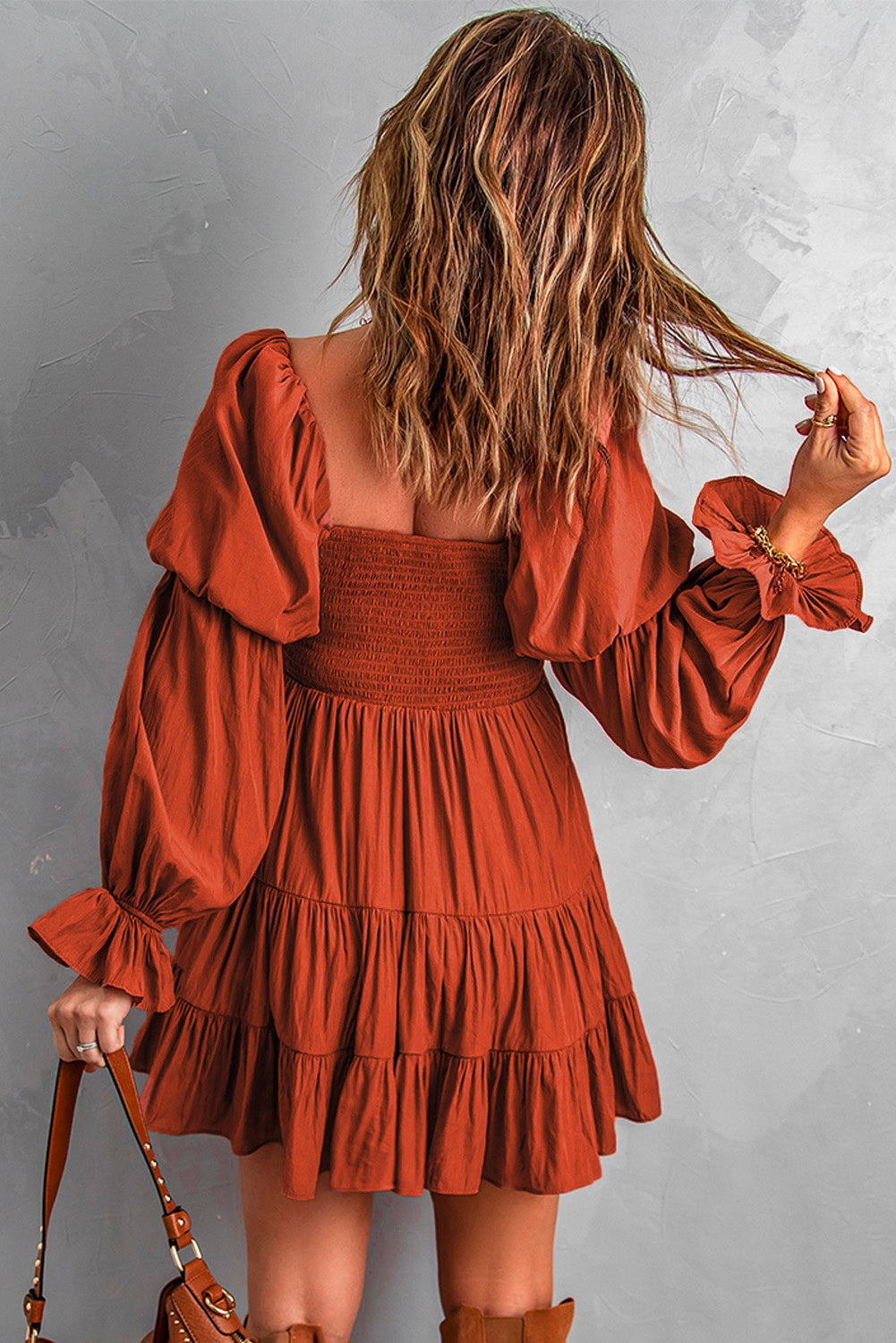 Brown Long Sleeve Off Shoulder Ruffle Mini Dress