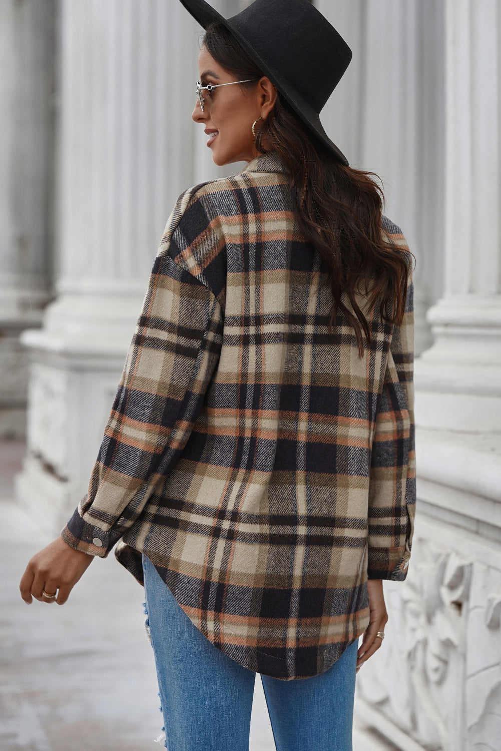 Plaid Curved Hem Dropped Shoulder Longline Shirt Shacket