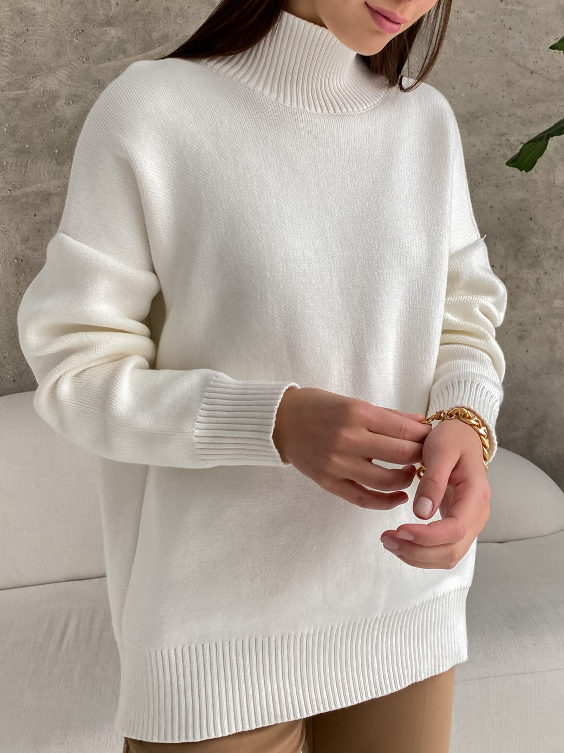 Mock Neck Dropped Shoulder Sweater ONE SIZE