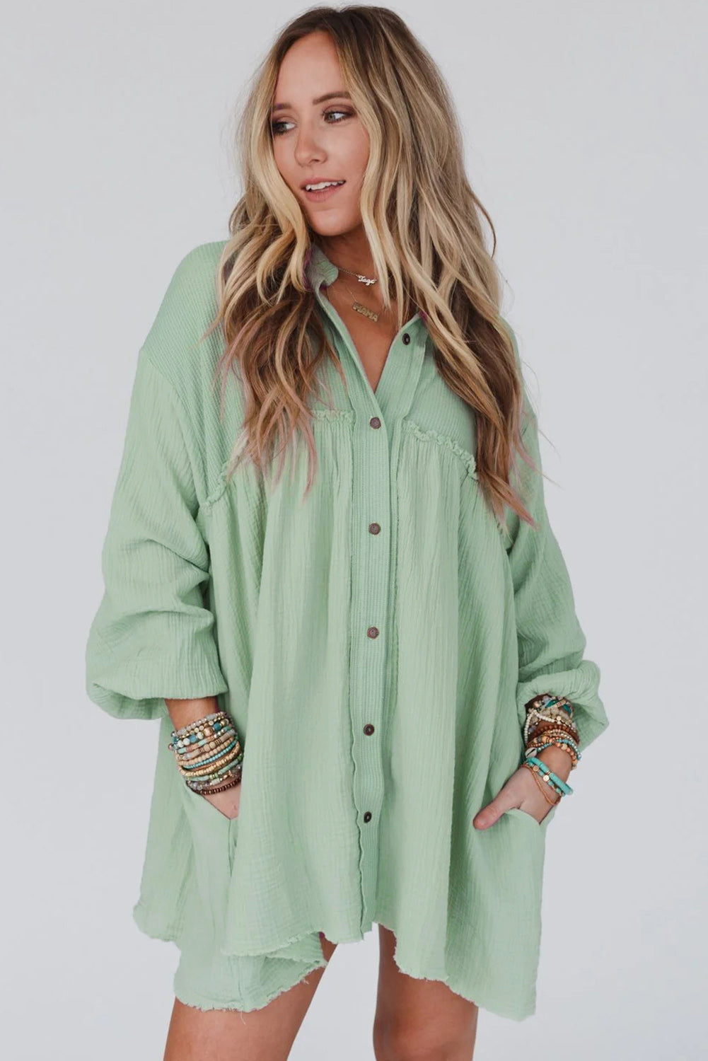 Green Patchwork Crinkle Puff Sleeve Shirt Dress